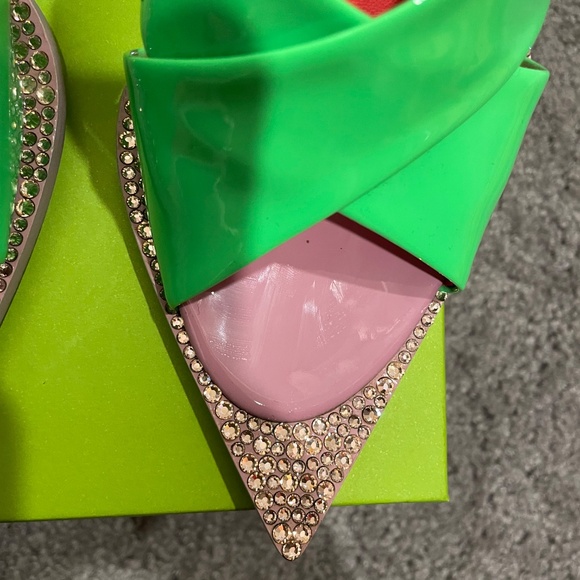 DOLCE & GABBANA Tapered-Heel Green Pink Leather Open-Crystal Toe Leather Sandals - Picture 5 of 15